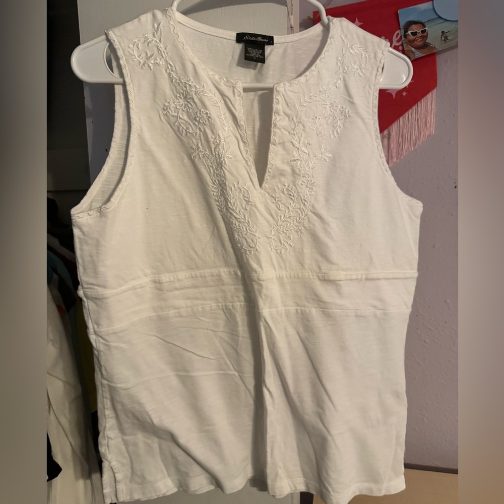 Eddie Bauer White Embroidered Cotton Sleeveless Top Large